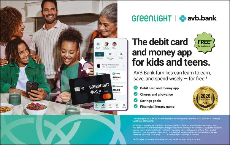 AVB Bank and Greenlight debit card helps kids learn financial literacy.
