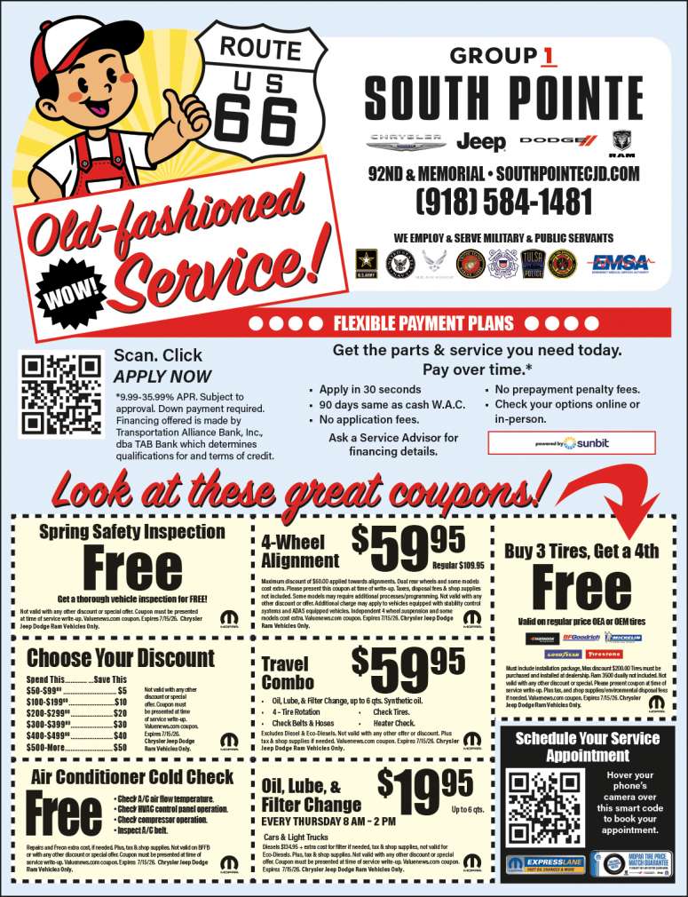 Service Coupons From Group 1 South Pointe Chrysler Jeep Dodge RAM in Tulsa.