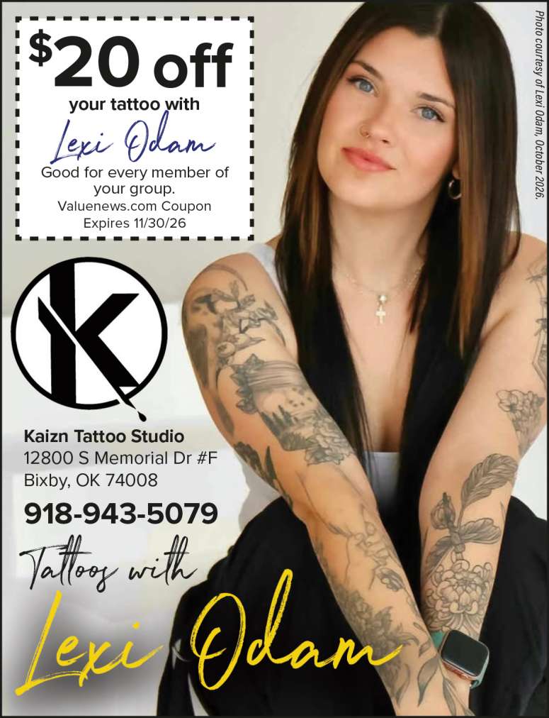 Lexi Odam, tattoo artist in Bixby, Oklahoma, plus a coupon.
