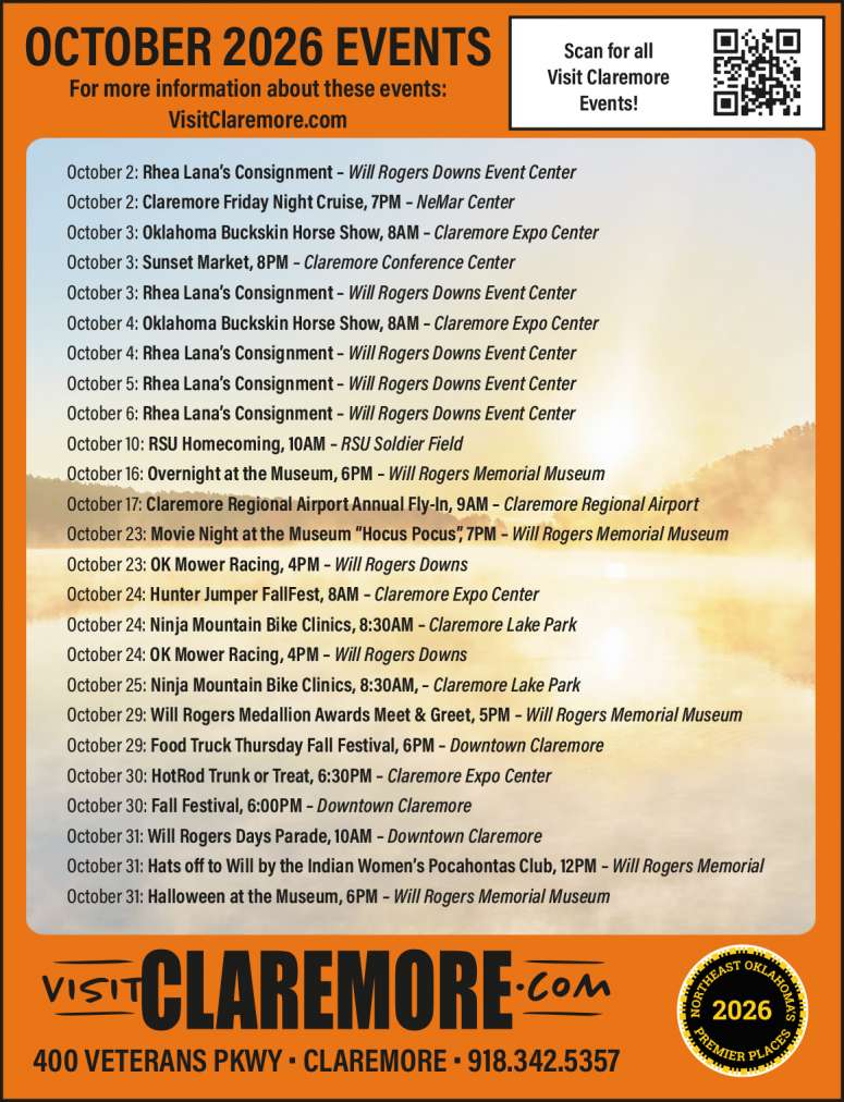 Calendar of events from Visit Claremore.
