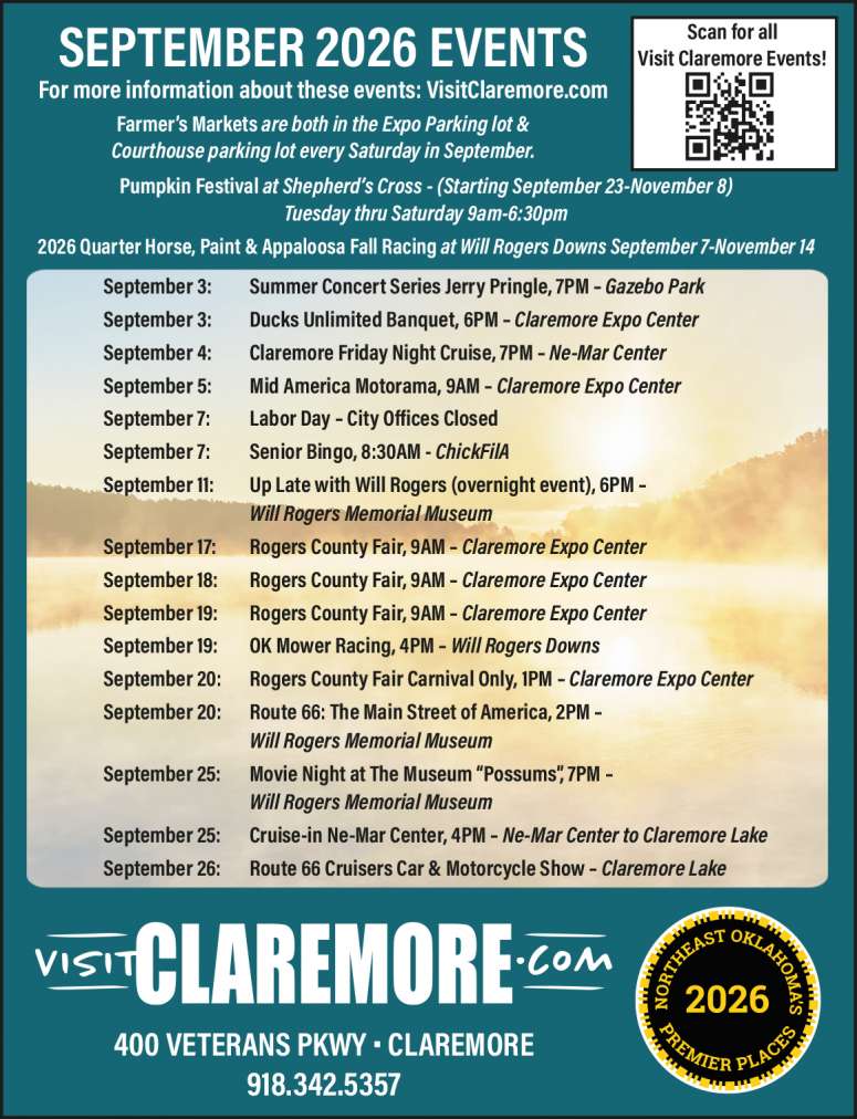 Calendar of events from Visit Claremore.