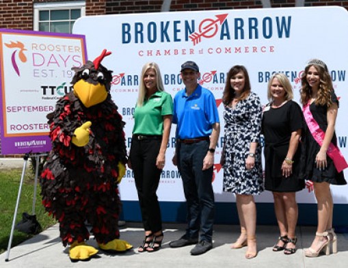 Rooster Days Press Conference. Pictured left to right: Rosco, Rosie Cramer of TTCU (presenting sponsor), Event Chair Scott Eudey, Broken Arrow Chamber President and CEO, Jennifer Conway, Vice-Mayor Christie Gillespie and Miss Rooster Days 2021, Annie Rose Duncan.