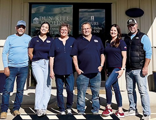 Dun-Rite Roofing Inc. team (L to R): Fernando Torres- Project Manager & Repairs, Alesmar Raven- Office Manager, Candie Murr- Co-Owner, Jim Murr- Owner/President,
Amber Hazelwood- VP, Operations & Insurance Claims, Doug Hazelwood- Sales & Project Manager. Photo courtesy of Dun-Rite Roofing, December 2025.