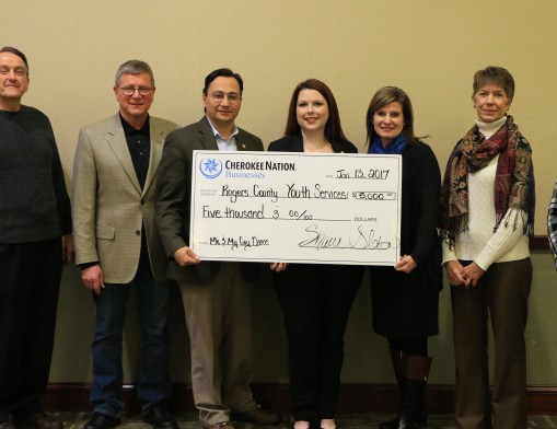 From the Premier Event Sponsor Recognition (L to R): Rogers County Youth Services Director ,Steve Blahut; Cherokee Nation Tribal Councilor, Keith Austin; Cherokee Nation Secretary of State, Chuck Hoskin Jr.; Cherokee Nation Business-Community Relations, Amy McCarter; Cherokee Nation Tribal Councilor, Janees Taylor; RCYS Board Member, Debbie Butler and RCYS Office Manager, Carolyn Swopes.