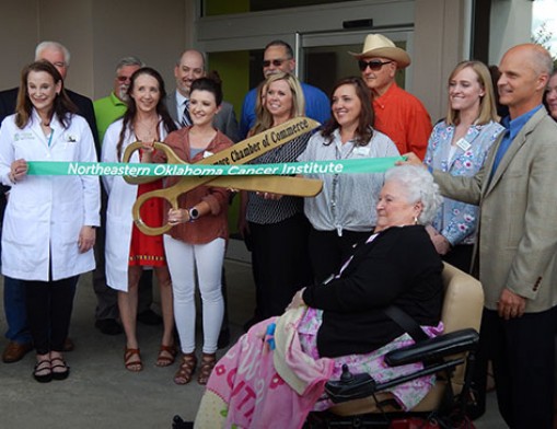 Northeastern Oklahoma Cancer Institute recently held its grand opening in Claremore in a ribbon-cutting ceremony.  Patients past and present, physicians, local city officials, and others turned out to commemorate the occasion. Pictured:  Back row – Mayor Bill Flanigan, David Chaussard, Robert LoBue, Leonard Berbee, unnamed attendee, Megan Parkinson, Nancy Phelps.  Front Row -  Dr. Diane Heaton, Dr. Terry Styles, Kacie Boyd, Denise Rhames, Robin Mixon, Dan Moore, Gertrude Wilson.