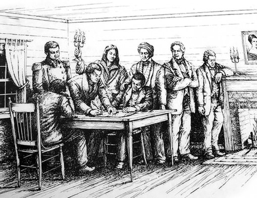 Image of the signing of the Treaty of New Echota. 
Photo courtesy of Keith Austin, public domain, July 2026