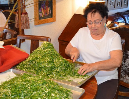Jennie Gilliam carefully chops up the green onions to be mixed with scrambled eggs as part of the Pocahontas Club’s “spring tonic” cleansing for the Wild Onion Feast.