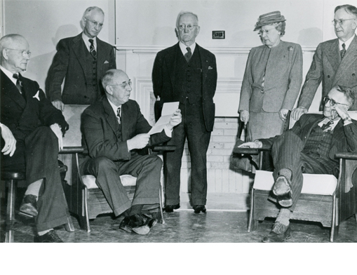 The Founding  Board  Members
Front left to right:  A.L.  Farmer,  William  Stahl,  Clark  Field.
Back  left to right:  C.S.  Avery,  Orra  Upp,  Mrs.  C.F.  Farren,  E.P.  Harwell.