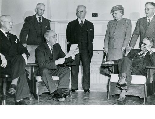 The Founding  Board  Members
Front left to right:  A.L.  Farmer,  William  Stahl,  Clark  Field.
Back  left to right:  C.S.  Avery,  Orra  Upp,  Mrs.  C.F.  Farren,  E.P.  Harwell.