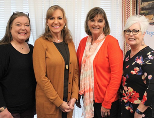 Some of Santa’s elves who have been helping to coordinate Christmas cheer and activities this year in Claremore include Nancy Phelps and Layla Freeman, Light of Hope (from left), Tanya Andrews, Visit Claremore and Lisa Wilson, executive assistant, City of Claremore.