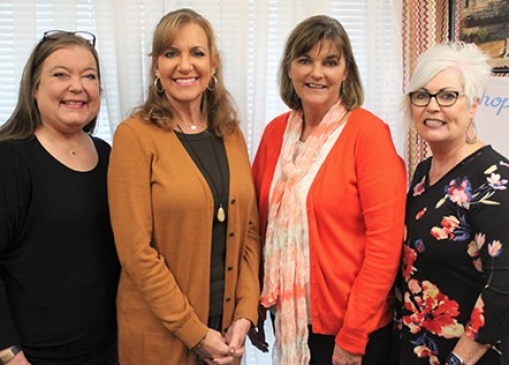 Some of Santa’s elves who have been helping to coordinate Christmas cheer and activities this year in Claremore include Nancy Phelps and Layla Freeman, Light of Hope (from left), Tanya Andrews, Visit Claremore and Lisa Wilson, executive assistant, City of Claremore.