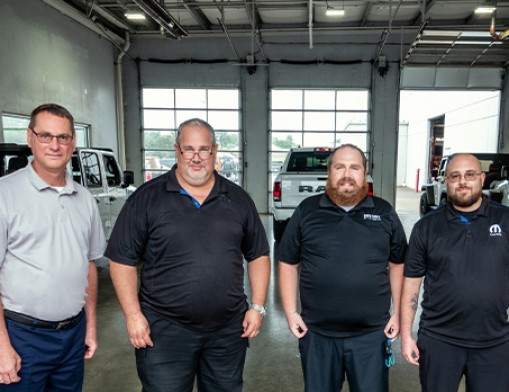 (left to right) Service Manager Ben Perry and his team of Service Advisors Frank Bernabe, Cody Cox, and A.J. Demario want to be your GO-TO Guys for all your Chrysler, Dodge, Jeep and Ram repair, maintenance and parts needs.