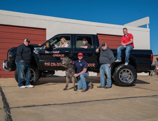 The office staff of Discount Garage Door pictured left to right:  Salesman, Kenny Sims; Discount Garage Door Family Member, Summer Ray; Owner , Dustin Loyal; Discount Garage Door Family Member, Tristin Loyal; Sales Manager, Bill Layne and General Manager, Kyle McIntyre.