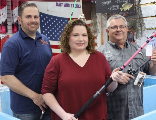 Hope Harbor Executive Director Dirk O’Donnell (from left), Marketing Director Stephanie Steward, and Lazy J’s Tackle owner Jeff Armbrister.