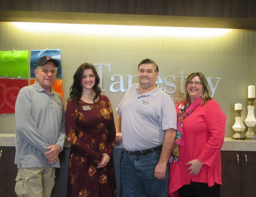 The staff of Tapestry is committed to surrounding their seniors with a positive attitude for an upbeat community. Staff members pictured left to right: Housekeeper Jimmie Williams, Property Manager Paige Johnston, Assistant Manager Crystal Nichols and On-Site Maintenance Supervisor Doug Urie.