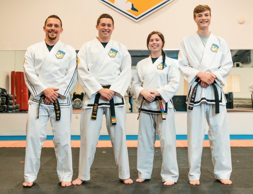 Chris Velez, 5th degree black belt,  Cole Cirilo, 1st degree black belt, Lexi Vincent, 2nd degree black belt, Nick Welscher, Jr. 2nd degree black belt.