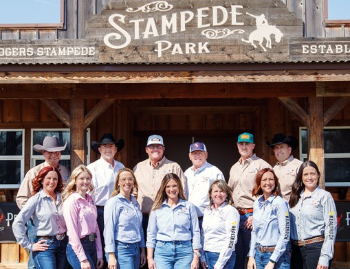 Back L to R: Will Rogers Stampede Rodeo Chairman David Petty, John Feary, Marshall Perkins, Dan Delozier, Alex Pegorsch, and Jason Goins. Front L to R: Karen Harson, Will Rogers Stampede Rodeo Junior Committee Chair Spencer Wilson, Allison Dietzfeld, Sarah Hayes, Miranda Stelzer, Samantha Wilson, and Will Rogers Stampede Committee Chair Erin Pegorsch. Value News VN Magazine and Values Inc. photo, April 2026.