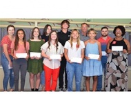 Front Row: Jaci Moffett, Emily Ward, Kylee Leach, Mackenna Markes, Monique Goudeau. Left to right back row: Rayna Rock, Marisa Reed, Lucille Ledbetter, Evan Weaver, Rod Chambers, Chas McClain.
Photo courtesy of The Indian Women\'s Pocahontas Club