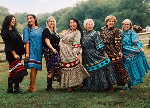 Left to right: Mikela Campos, Tamara Hall, Linda Coleman, Debra West, Celeste Tillery, Monta Ewing, and Deborah McDaniel. Photo courtesy of the Indian Women’s Pocahontas Club by TG Photography, 2023.