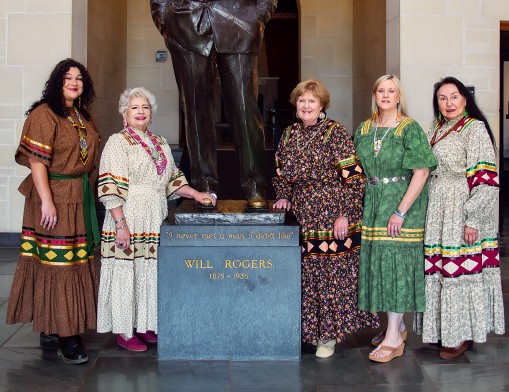 A few members of The Indian Women’s Pocahontas Club pictured inside the rotunda at the Will Rogers Memorial. (Left to Right) Mikela Campos, member; Celeste Tillery, President; Monta Ewing, Vice President; Linda Coleman, Secretary; and member Debra West.  Claremore, Oklahoma, 2023; Value News photo by TG Photography.
