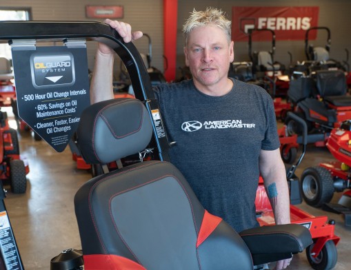 TNG owner Tim Johnson with the limited edition 3200 Midnight Mower by Ferris, one of only 500 made and available at TNG Power Equipment in Claremore.