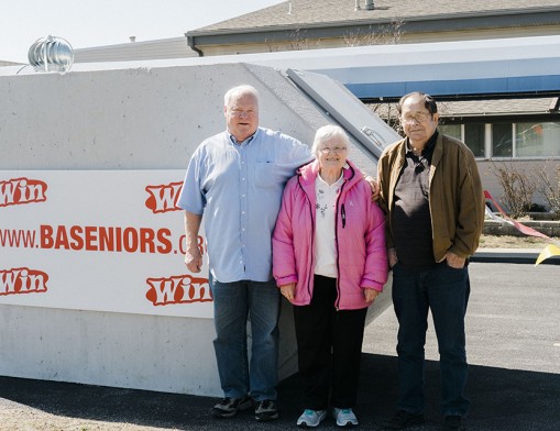 BA Senior Center members Gene McElroy, Diane Zonko and Larry Heard hope to win this storm shelter in the raffle on May 25th.