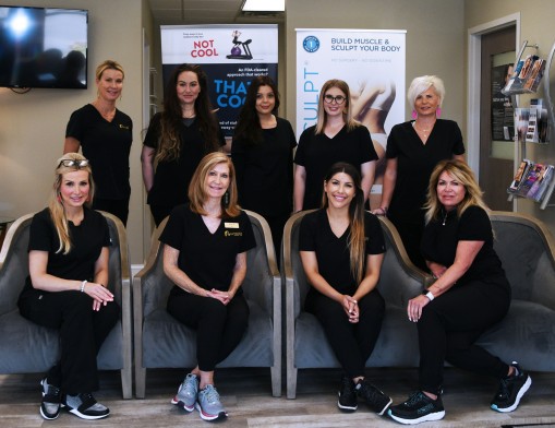 Above: Top row-Kimberly Amillion, Front Associate , Heather Skinner, RN injector, Amber Deal, Esthetician,  Kamree McCune, Spa Attendant, Becky McCune, CEO. Bottom row-Jenny Golliver, RN injector, Judi Burton, Spa Attendant, Alex Hardwick, Esthetician, Terri McAuliff, Technician Specialist.