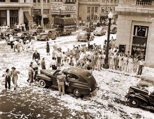 Celebration in the streets of downtown Tulsa on V-J Day, 1945.