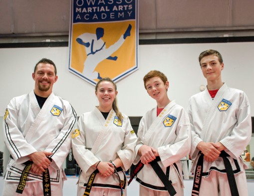 Senior Chief Instructor Chris Velez and his team: Lexi Vincent, 2nd Degree Black Belt; Ramsey Hinshaw Jr., 2nd Degree Black Belt; and Nick Welscher Jr., 2nd Degree Black Belt.