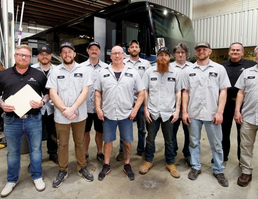The team at Lazydays RV in Claremore is here to keep your RV running smoothly. Their expert service technicians specialize in routine maintenance, complex repairs, body work, glass replacement, motorhome repair, and much more. Front R to L: Steven Pearcy(SM), Josh Johnson, Ron Martin, Jarred Hart, Calvin Wilkins, Kenny Kraxberger. Back R to L: Jerrod Smith, Bryan Feamster, Blake Hibbs, Steve Dechamps, Kim Siex(GM)  Value News and Values, Inc. photos, April 2025.