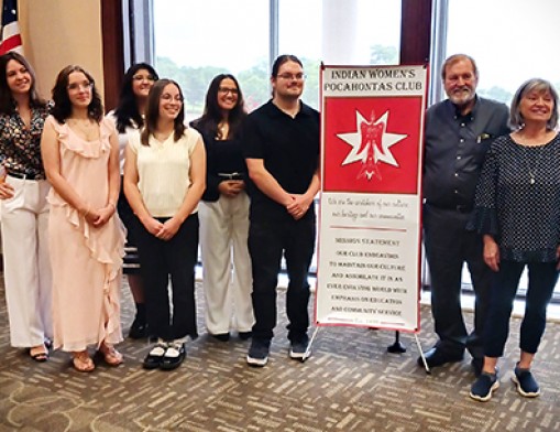 (L to R) Lucille Ledbetter, Nancy Gilbert, Ruby Cervantes, Marissa Reed, Cyndul Sayles Joshua Johnson and Donors, Dave and Adrienne Crutchfield. Photo courtesy of Indian Women's Pocahontas Club.