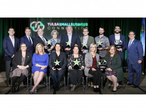 Back row: Weldon Bowman, founder of 
W Design and 2020 chair of the Tulsa Small Business Connection; Roger Ramseyer, market vice president for Cox Communications and 2020 chair of the Tulsa Regional Chamber; Mark Lounsbury, director of veteran services for Volunteers of America; Pam Richardson, CEO of Volunteers of America; Bill Solomon, president of Vacuworx; Cole Cunningham, co-owner of Mythic Press; Hershel Self, co-owner of Mythic Press; Dave Shirley, benefits practice leader at Premier Consulting Partners (accepting for James Shirley of James Shirley Management Consultants); Mike Neal, president and CEO of the Tulsa Regional Chamber. Front row: Colleen Almeida Smith, executive director of the Tulsa Small Business Connection; Angela Byers, founder and CEO of Byers Creative and 2019 chair of the Tulsa Small Business Connection; Jeri Barrientos, founder and CEO of First Mate Financial Advisors; Lisa Riley, owner of Pinot’s Palette Northeast Oklahoma Studios; Gloria Fletcher, president and publisher of the Tulsa World; Susan Ellerbach, executive editor of the Tulsa World.