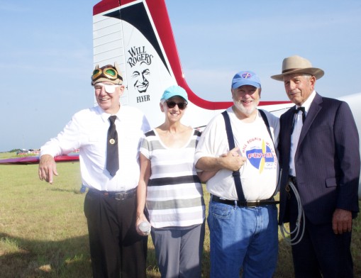 (L-R) Tom Egbert (as Wiley Post), Linda and Bill Biard and Lester Lurk (as Will Rogers)