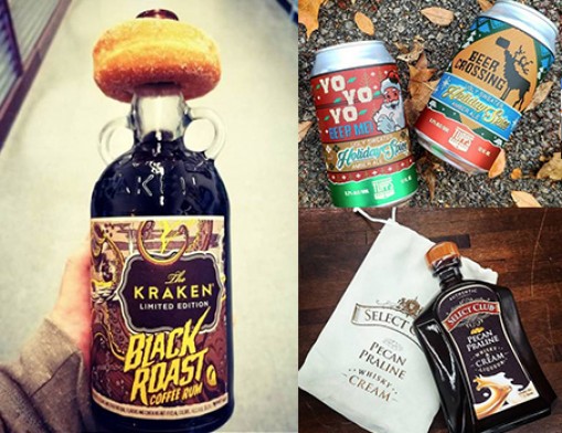 Kraken Black Roast Coffee Rum, Tupps Brewery Ugly Sweater Holiday Spiced Amber Ale, Select Club Pecan Praline Whiskey & Cream Liqueur