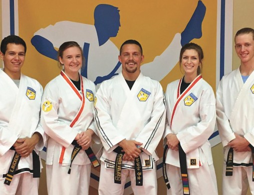 Martial Arts Academy instructors include (L to R): Eric Buckendorf, chief instructor Tulsa location, 2nd Degree Black Belt; Tara Modrell, assistant instructor, 2nd Degree Black Belt;  Chris Velez, senior chief instructor, 5th Degree Black Belt; Taylor Carrell 2nd Degree Black Belt, assistant instructor; Jonathan Davis, 2nd Degree Black Belt, junior assistant instructor.