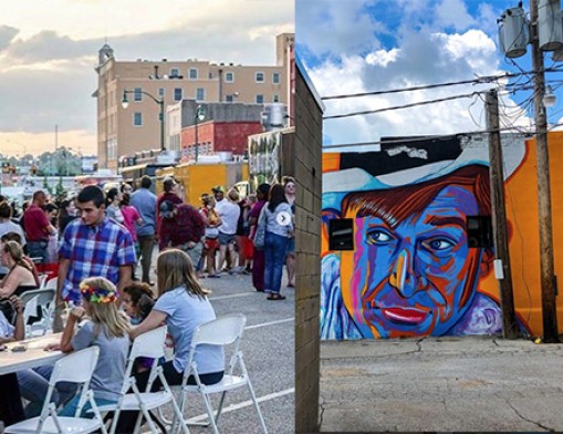 Food Truck Thursdays are monthly spring thru early fall. Alley Activation mural of Will Rogers at North Block Common.