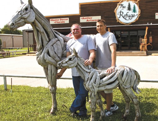 Perhaps the most unique and interesting furniture store in Oklahoma can be found in Bixby with father and son owners, Clinton Taylor Sr. and Clinton Jr., shown with specially created horses at The Refuge Lifestyle.