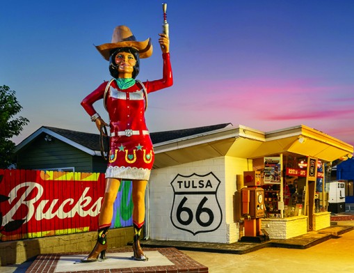 Stella at Buck Atom’s Cosmic Curios. Standing proudly along Route 66 in Tulsa, Stella has become one of the road’s most recognizable modern icons. She represents the new generation of businesses and attractions helping keep Route 66 vibrant for future travelers. © David J. Schwartz / Pics on Route 66.