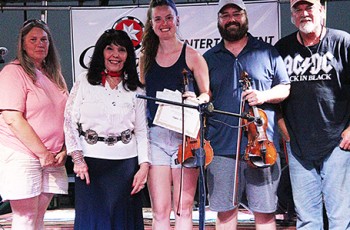 2020 Grand Lake National Fiddle Contest: L to R Cathy Marriott, Jana Jae, Maddie Dalton, 1st Place Winner of Open Division; Justin Branum, 2nd Place Winner of Open Division; Monte Gaylord, 3rd Place Winner of Open Division