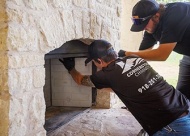 Cornerstone Chimneys installing new panels to an outdoor fireplace.
VN Value News Magazine & Values, Inc. photos, October 2025.