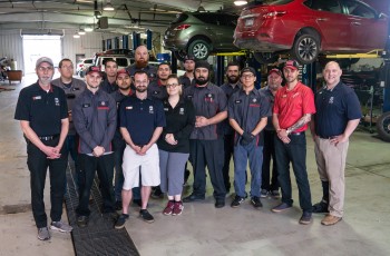 Route 66 Nissan service team (front row left to right): Tom Connley, Zack Moushon, Blaine Baird, Andy Pena, Ramon Corella, Richie Villegas, Steven Benike, Anthony Vendetti, (middle row left to right): Rod Diaz, B.G., Alex Elliott, Greg Wood, (back row left to right): Chris Bell, Todd Smetana, Toby Zinke, Chris Sheets.