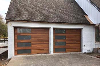 Wood-look metal doors are elegant and durable.