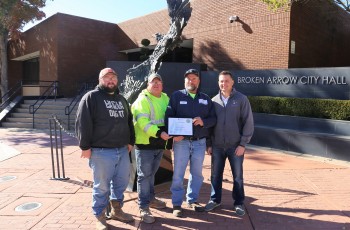KBAB COBA StreetsTeam: (L-R) City of Broken Arrow Streets and Stormwater employees DJ Collier, Tommie Sanders, Gary Fuller, and Director Rocky Henkel with the Finalist Certificate presented to the City of Broken Arrow for the Team Builders Government Projects category.