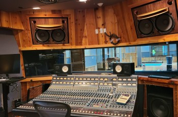The audio recording control room at The Church Studio.