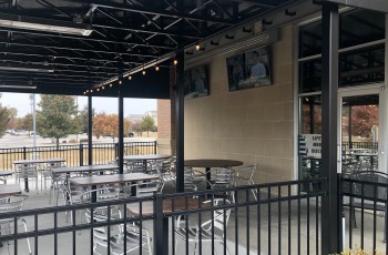 The newly constructed patio at Treys provides heat and entertainment.