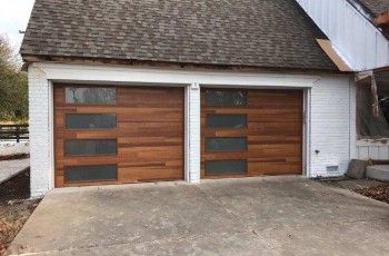 Wood-look metal doors are elegant and durable.