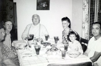 Thanksgiving Day with Family, 1949.  One of Dr. Oliver’s most memorable Thanksgiving Days, pictures left to right; Delia and Chester Mathis, Mr. MDL (Marquis de Lafayette) Roberts, Jewel A. (Dyer) Oliver, Jane Alice Oliver, and Clarence G. Oliver, Sr.  (Not pictured:  Clarence G. Oliver, Jr., who was taking the picture.)