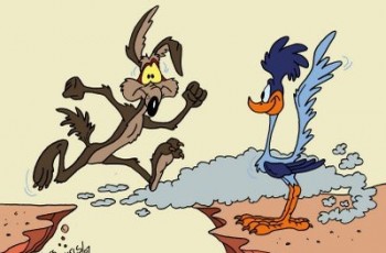 Roadrunner outsmarts Wile E. Coyote.