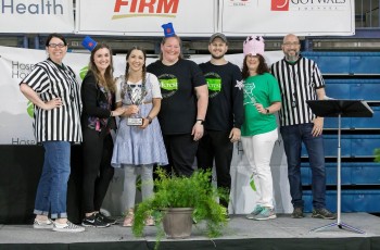 Pictured Left to Right: Angela Yelich (Event Co-Chair), Megan McLeod, Hannah Rushing, Amelia Hite, Luke McLeod, Toni Moore (Hospitality House CEO), and Michael Yelich (Event Co-Chair)