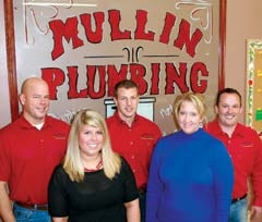 The Mullin Plumbing leadership team includes (L to R): Robert Morris, CEO; Melissa Orr, CIO; Markwayne Mullin, president; Staci Crabtree, CFO/office manager; and Ray Trimble, COO, environmental and services. (Not pictured: Daniel Ice, COO, OKC office.)